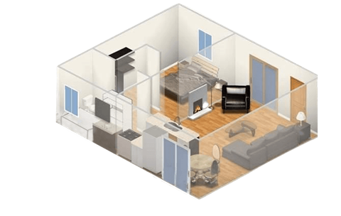 a floor plan of a room with a fireplace and a couch